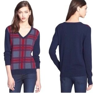 Equipment Femme Womens Wool Navy Blue Red Plaid Sweater V-Neck Pullover Size XS